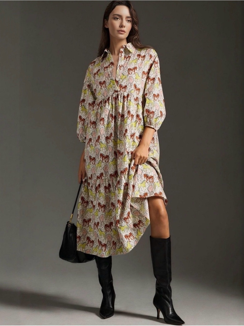 Anthropologie Maeve Bettina Horse Print Tiered Shirt Dress M